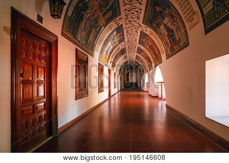 CYPRUS PAPHOS- SEPTEMBER 21 2016: Covered corridor in the famous Kykkos monastery.