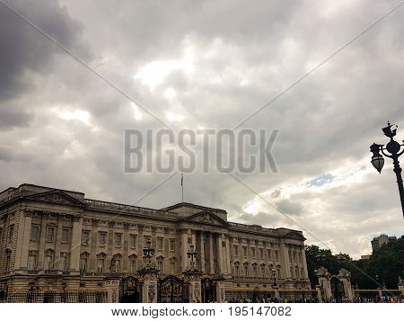 London UK - 13th June 2017: The front of Buckingham Palce on an overcast afternoon