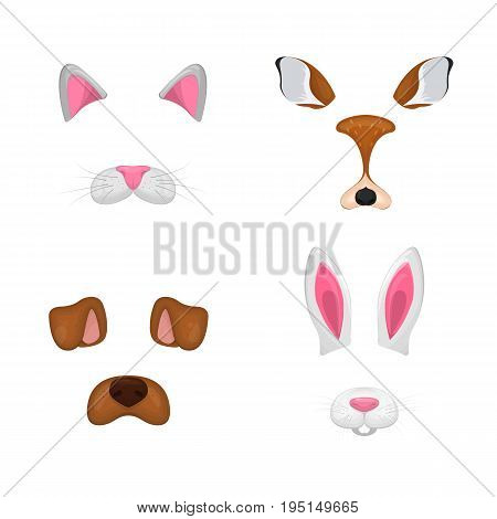 Animal face elements set. Vector illustration. For selfie photo decor. Constructor. Cartoon mask of catdeerrabbitdog. Isolated on white.