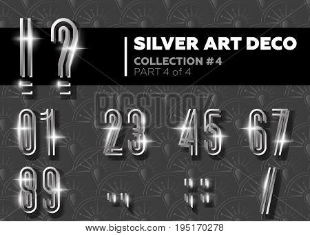 Vector Art Deco Font. Shining Silver Retro Alphabet. Gatsby Style. Metallic Vintage Numbers for Poster Placard Flyer Party Wedding Invitation Banner.