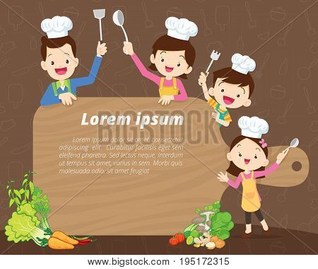 Cute family cooking meal menu posterbanner template. dad mom daughter son enjoys with vegetables background.