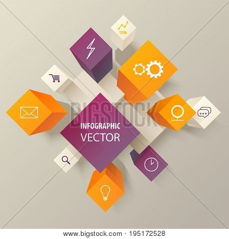 Boxes or cubes with icons for infographic template. Envelope and clock, linear diagram or chart, magnifying glass and cart, cog and lamp on 3d buttons or geometric blocks. Marketing and business theme
