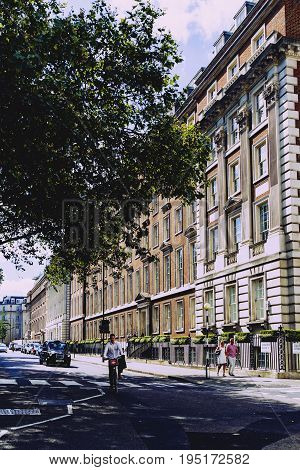 LONDON UNITED KINGDOM - August 6th 2016: Detail of beautiful buildings architecture in the streets of London city centre near Grosvenor Square and Duke Street