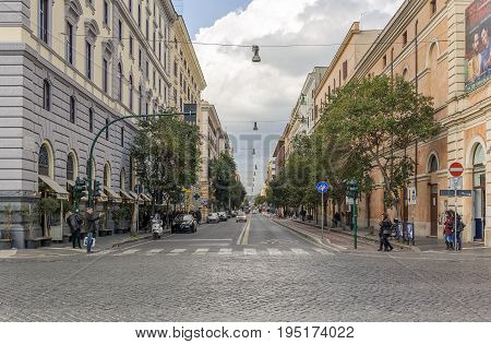 Rome Italy februry 11 2017: Frontal view of Via Cicerone. Cicerone was a famous Roman politician and lawyer