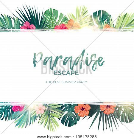 Green summer tropical background with exotic palm leaves and hibiscus flowers. Floral background, vector illustration.