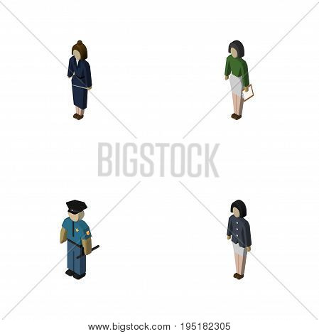 Isometric Person Set Of Pedagogue, Businesswoman, Officer And Other Vector Objects. Also Includes Worker, Educator, Teacher Elements.