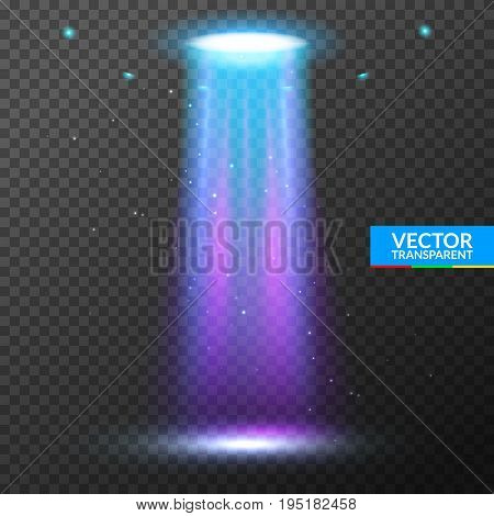 UFO light beam. Alien transport futuristic bright light in dark on transparent. UFO spaceship isolated glow effect design.