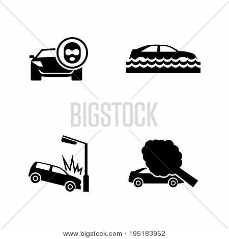 Car Crashes. Simple Related Vector Icons Set for Video, Mobile Apps, Web Sites, Print Projects and Your Design. Black Flat Illustration on White Background.