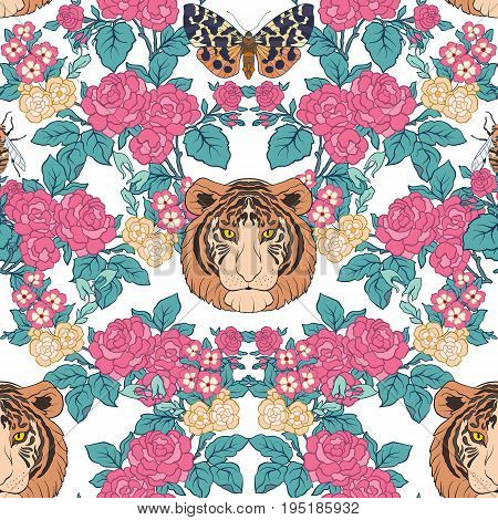 Seamless pattern, background with vintage style flowers and tiger and butterflies in pink and green colors. Stock line vector illustration.