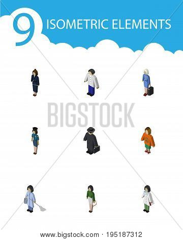 Isometric Person Set Of Pedagogue, Detective, Housemaid And Other Vector Objects. Also Includes Man, Businesswoman, Boy Elements.