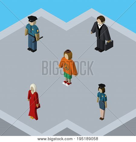 Isometric Human Set Of Officer, Lady, Policewoman And Other Vector Objects. Also Includes Hippie, Police, Policewoman Elements.