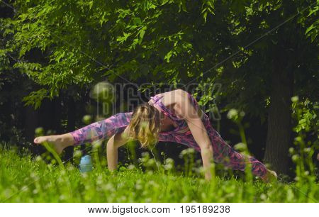 Young woman doing yoga exercises in the park. Artha mukha svanasana