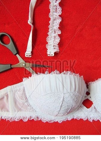 White lace strapless bra with scissors cutting the straps