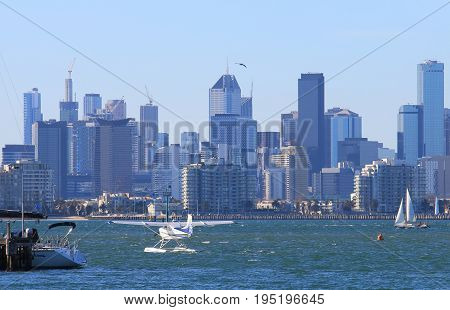 Seaplane Melbourne downtown office building cityscape Australia