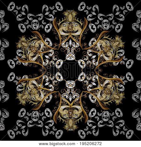 Antique golden repeatable sketch. Damask repeating background. Golden dark floral ornament in baroque style. Golden element on dark background.
