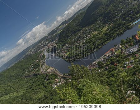 Crooked view for valley of river Labe with Usti nad Labem city