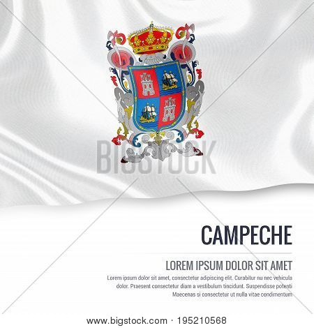 Mexican state Campeche flag waving on an isolated white background. State name and the text area for your message. 3D illustration.