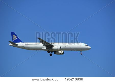 Amsterdam the Netherlands - July 9th 2017: P4-NAS Air Astana Airbus A321-200 approaching Schiphol Amsterdam Airport Kaagbaan runway