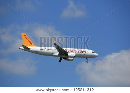 Amsterdam the Netherlands - July 9th 2017: TC-DCA Pegasus Airbus A320-200 approaching Schiphol Amsterdam Airport Kaagbaan runway