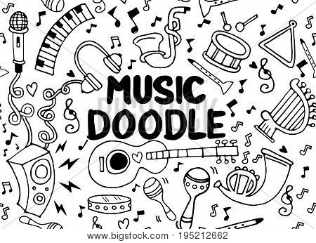Collection of Music Instruments in circleHand drawn illustration in doodle styleseamless background doodle vector.
