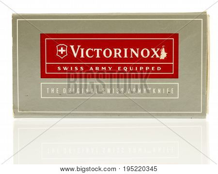 Winneconne WI - 12 July 2017: A Swiss Army knife box on an isolated background.
