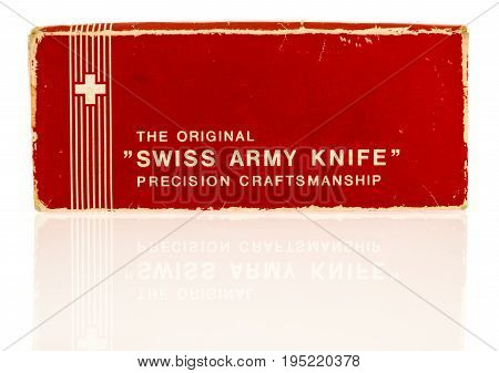 Winneconne WI - 12 July 2017: A vintage Swiss Army knife box on an isolated background.