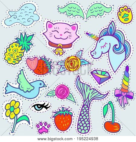 Fashion patch badges with  blue unicorn, pink cat, Mermaid's tail, cloud and other elements for girls. Vector illustrations isolated on background.