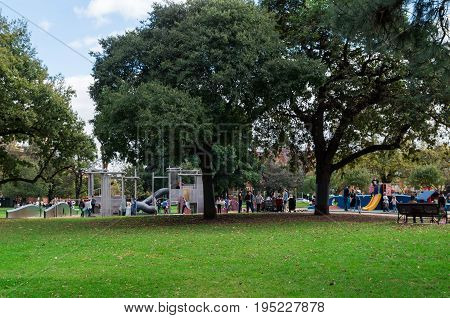 Melbourne, Australia - April 30, 2017: public playground in the Carlton Gardens in Melbourne, Australia.