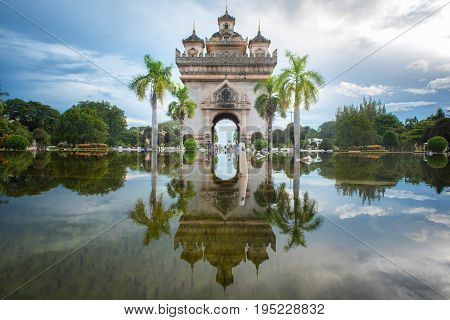 Patuxay Monument decorate with the light at Vientiane Laos.