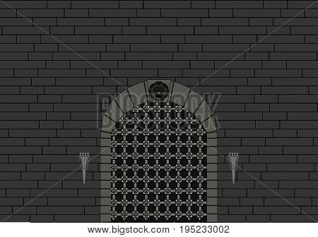 Castle Gate Vector illustration with old vintage arabic medieval tower entrance with padlock and grey brick wall