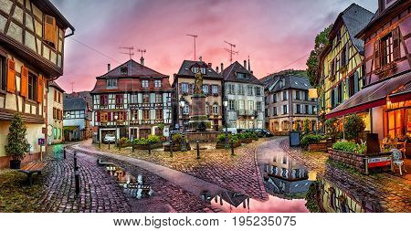 Rainy sunset in historical village Ribeauville Alsace France