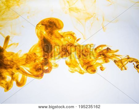 Ink swirl in a water on white background. The paint splash in the water. Soft dissemination a droplets of colored ink in water close-up. Abstract background. Explosion of color splashes acrylic ink.