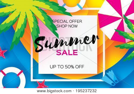 Summer Sale Template banner. Beach rest. Summer vacantion poster. Top view on colorful beach elements. Square frame with space for text. Paper art style. Vector