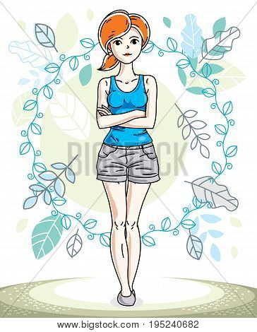 Attractive young red-haired woman posing on background of spring landscape and wearing different casual clothes. Vector nice lady illustration. Springtime theme clipart.