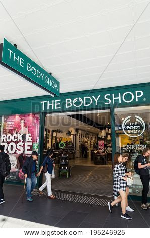 Melbourne, Australia - February 23, 2017: The Body Shop is a British chain of cosmetics and skincare stores. This shop is on Bourke Street in central Melbourne.