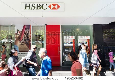 Melbourne, Australia - February 23, 2017: HSBC is a British bank with origins in Hong Kong and Shanghai. This branch is on Swanston Street in central Melbourne.