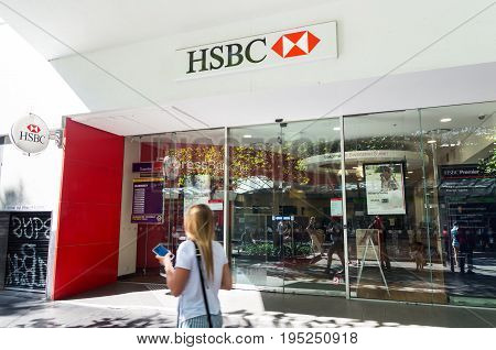 Melbourne, Australia - February 23, 2017: HSBC is a British bank with origins in Hong Kong and Shanghai. This branch is on Swanston Street in central Melbourne.
