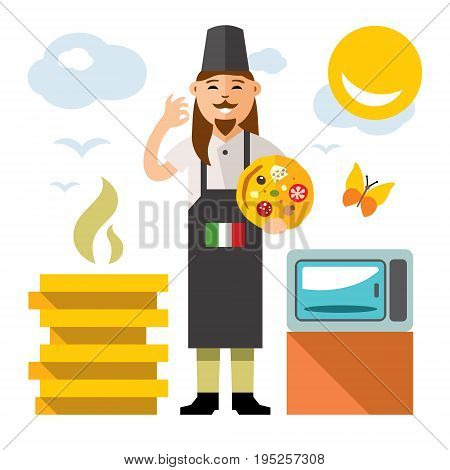 Italian Chef with bake and the green white and red flag. Culture of Italians cuisine. Isolated on a white background