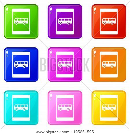 Bus stop sign icons of 9 color set isolated vector illustration