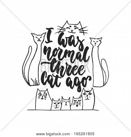 I was normal three cat ago - hand drawn dancing lettering quote isolated on the white background. Fun brush ink inscription for photo overlays, greeting card or t-shirt print, poster design