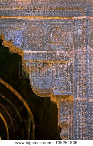 carved design motif on Teen darwaza panhala fort also known as Panhalgad Pahalla and Panalla is located in Panhala 20 kilometres northwest of Kolhapur in Maharashtra India.