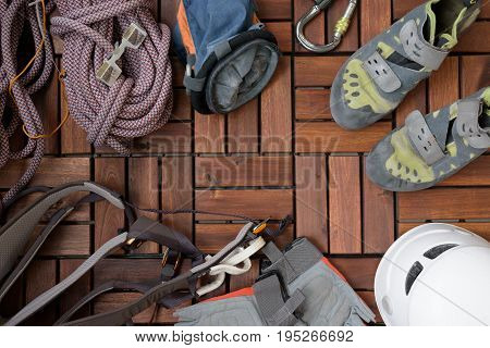 all climbing gear you need on wooden floor