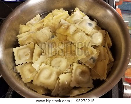 moldy ravioli pasta with mold spots in a pot of water