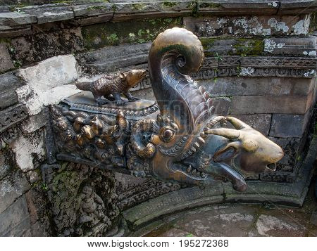 KATHMANDU, BHAKTAPUR, NEPAL. 30 September 2008: Water pours from a goat's head that protrudes from the mouth of a crocodile demon in the Naga Pokhari in The Palace of fifty five Windows in Bhaktapur's Durbar Square.