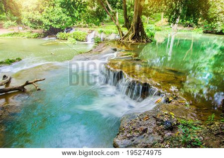 Chet Sao Noi Waterfall Saraburi Thailand with sun light.