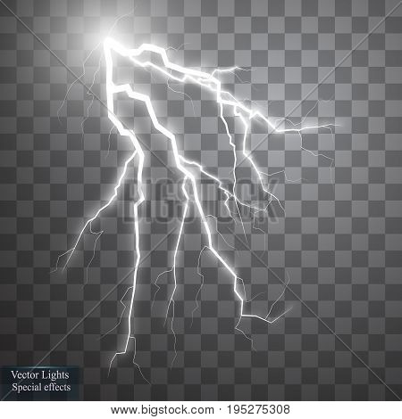 Set of lightnings. Thunder-storm and lightnings. Magic and bright lighting effects. Vector Illustration
