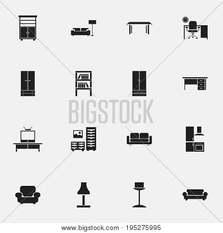 Set Of 16 Editable Interior Icons. Includes Symbols Such As Bookrack, Enlightenment, Tv And More. Can Be Used For Web, Mobile, UI And Infographic Design.