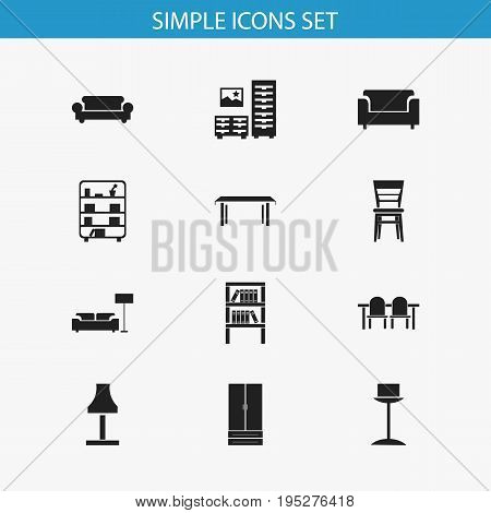 Set Of 12 Editable Furnishings Icons. Includes Symbols Such As Trestle, Armhair, Bookshelf And More. Can Be Used For Web, Mobile, UI And Infographic Design.