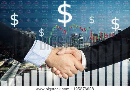 Deal or agreement business concept handshake double exposure cooperation or partnership business with stock exchange market business trading graph in background
