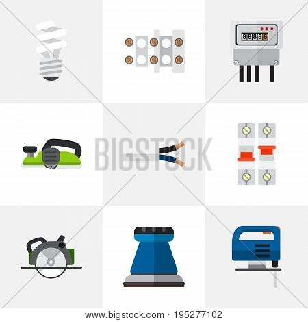 Set Of 9 Editable Instruments Icons. Includes Symbols Such As Electric, Emery Paper, Buzzsaw And More. Can Be Used For Web, Mobile, UI And Infographic Design.